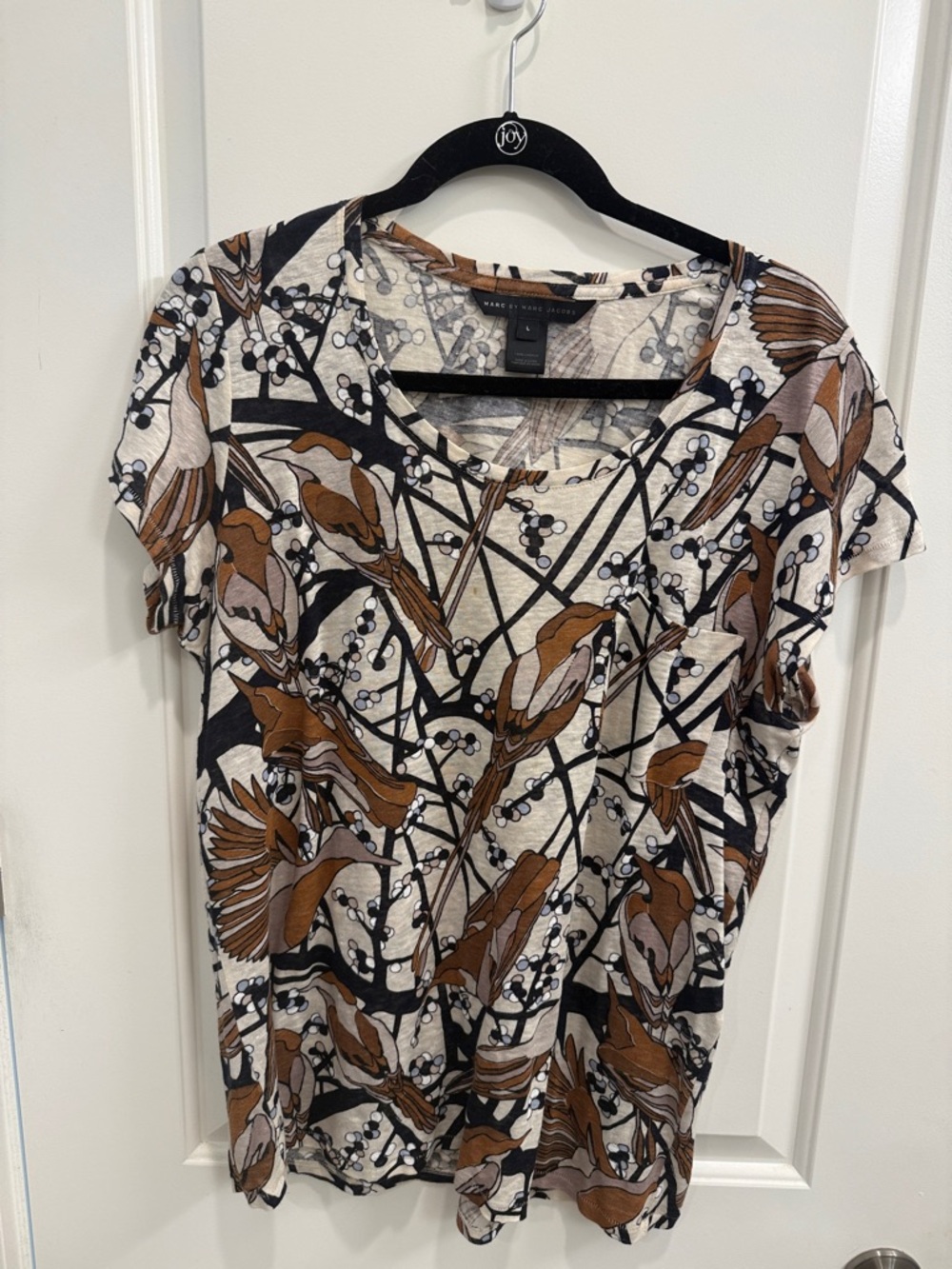 Lauren Ralph Lauren Brown Cream and Black Bird Print Short Sleeve Tee